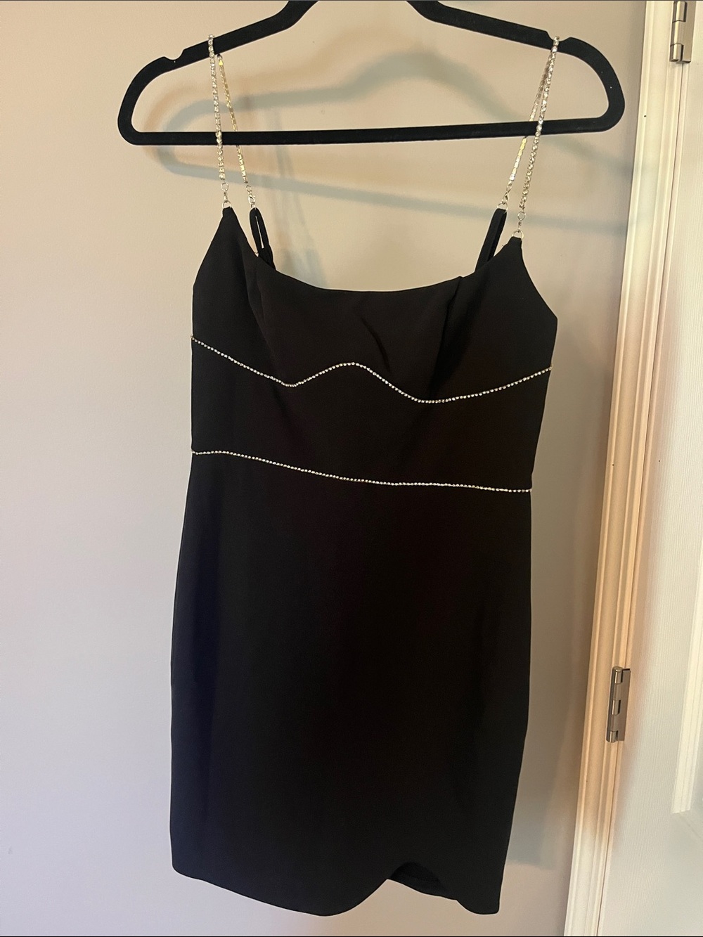 Black Spaghetti Strap Cocktail Dress with Rhinestone Trim